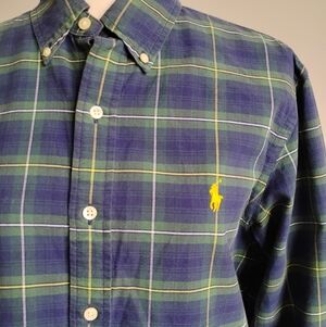 Ralph Lauren Cotton Oxford Cloth Button Down Shirt Blue Plaid Classic Size Med